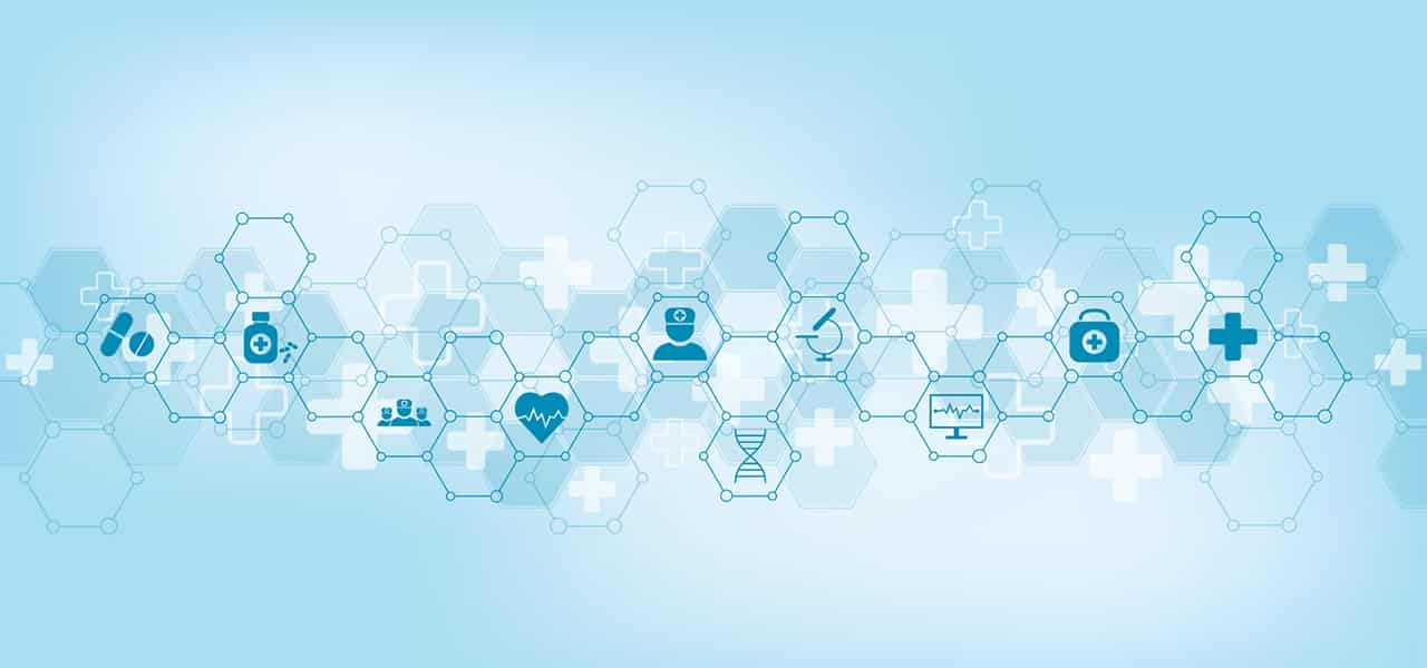 Healthcare and medical background with flat icons and symbols. Science, medicine and innovation technology concept
