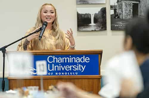 Ke‘alohi Canady '20 speaks at the Mahalo Scholarship Luncheon 2020