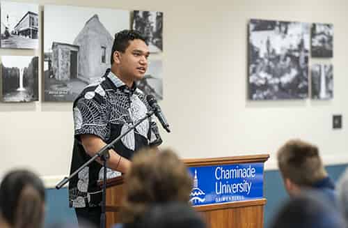 Edward Adachi '20 speaks at the Mahalo Scholarship Luncheon 2020