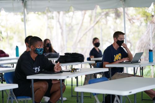 Students learning at an outdoor classroom during the first day of Fall Term