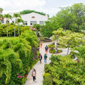 Aerial shot of Chaminade University of Honolulu campus walkway
