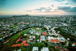 Aerial shot of Chaminade University of Honolulu with city and Diamond Head
