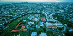Aerial shot of Chaminade University of Honolulu with city and Diamond Head