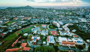 Aerial shot of Chaminade University campus with Honolulu and Diamond Head in background