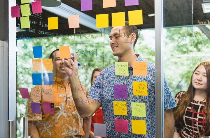 graduate students doing project with whiteboard and post-its