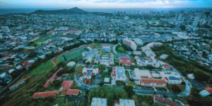 Chaminade University from the air looking Diamond Head and Honolulu Oahu Hawaii