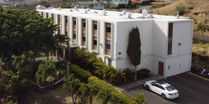 Exterior aerial shot of Hale Lokelani dormitory building at Chaminade University