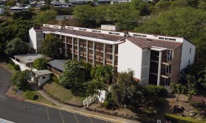 Aerial shot of three story student residence hall Hale Pohaku at Chaminade UniversityPo