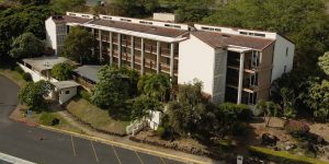 Aerial short of Hale Pohaku dormitory building at Chaminade University of Honolulu