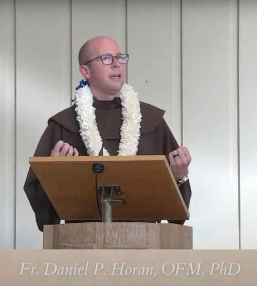Fr. Dan Horan speaking at the Mystical Rose Oratory during Chaminade's Marianist Lecture Series