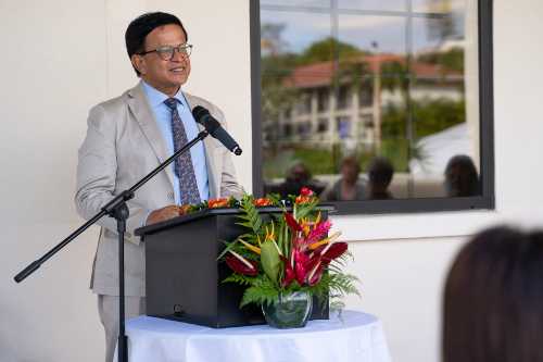 Nikhil Seth, Executive Director of UNITAR, speaks to the Chaminade community