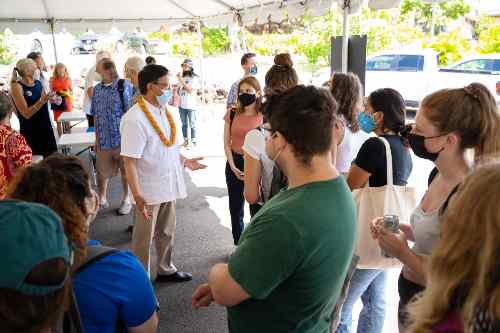 Nikhil Seth, Executive Director of UNITAR, chats with Chaminade students, faculty and staff