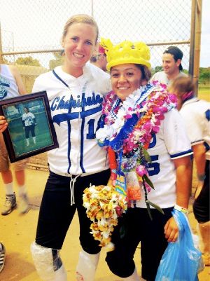 Dominique Bocanergra '13 with softball teammate on senior day