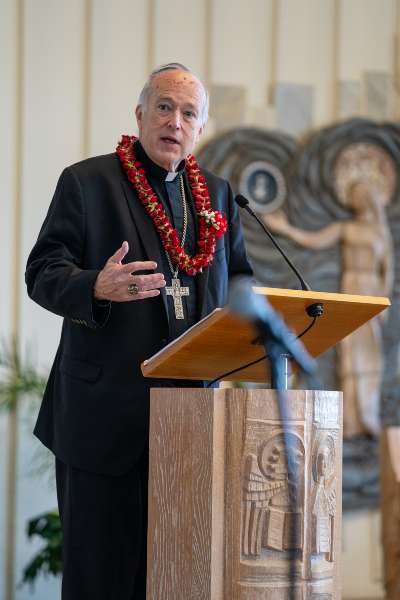 Bishop Robert McElroy speaking during the Chaminade Marianist Lecture
