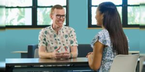 An academic advisor speaking with a student
