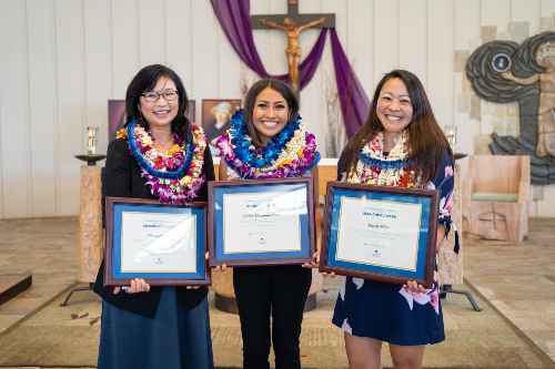 Dr. Elizabeth Park, Celine Mesiona-Perez and Stacey Higa pose for a photo after receiving their Heritage Awards
