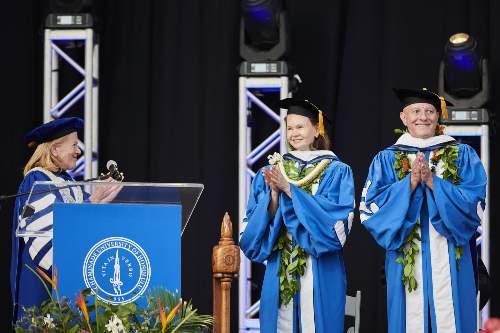 Kitty Sullivan Wo and Vaughn Vasconcellos receiving their Doctor of Humane Letters honorary degree