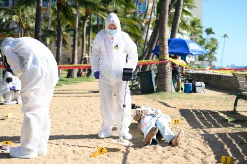 Forensic Science students at Kaimana Beach participating in a crime scene investigation simulation