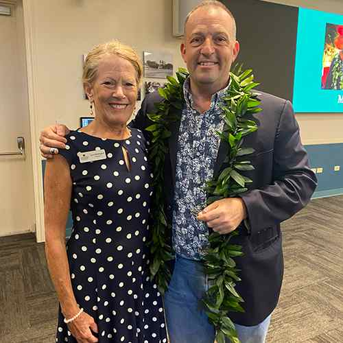 Chaminade President Dr. Lynn Babington with Hawaii Gov. Joshua Greene during the People, Planet and Prosperity Conference.
