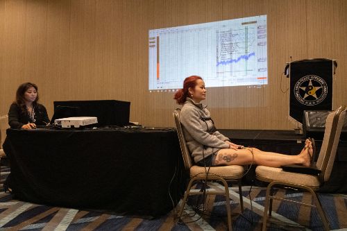 Olivia DeQuiroz administers a mock polygraph test.
