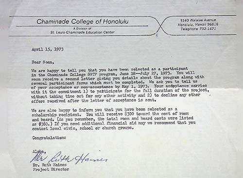Dr. Sean Chamberlin has treasured his Chaminade acceptance letter to a science program that he received 50 years ago.