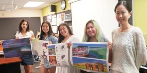 Soraya Ortiz ’25, Katherine Liu ’26, Jazlynne Williamson ’25 and Farrah Dinh ’25, from left, submitted their final design concept to the Iceland Beer Spa International Architecture Competition with the help of Dr. Junghwa Suh.