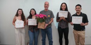 Re-use Hawaii's Workforce Development Coordinator Nathaniel Pak saw value in Chaminade students' sustainable efforts for the nonprofit. Team members included, from left, Sarah Carroll '25, Katherine “Kat” Liu ’26, Kaila Frank ’24 and Sano Tanna ’24.