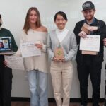 Plantoem founder Zoe Zhang, center, says Chaminade student's sustainable proposals are very viable. Team members included, from left, Aleeyah Lemons ’24, Alexandra Zingarelli ’24 (joining remotely from Chicago), Sydney Danielson ’25, Conor McMahon ’24 and Pūnohu Keahi-Wood ’25.