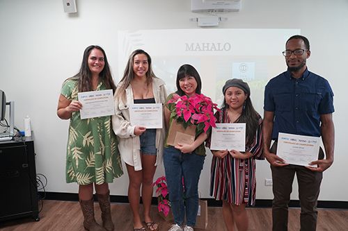 Ten Tomorrow designer Summer Shiigi, center, liked the ideas presented by Chaminade students, from left, Ka‘I‘inipu‘uwai “Mini” Keli‘iho‘omalu-Holz ’24, Lyla Gonsalves ’25, Jasmine Mondelo ’25 and LaVelle White ’26.
