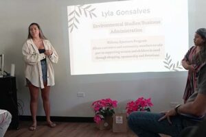 Lyla Gonsalves, left, and Jasmine Mondelo discussed possible solutions for Ten Tomorrow to become more sustainable.