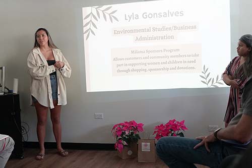 Lyla Gonsalves, left, and Jasmine Mondelo discussed possible solutions for Ten Tomorrow to become more sustainable.