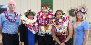 Bro. Ed Brink and Chaminade President Dr. Lynn Babington congratulate this year's Heritage Awards honorees, from left, Victorial DelaCruz, Dr. Janet Davidson and Amy Takiguchi.