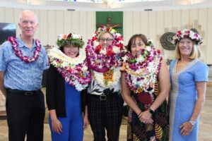 Bro. Ed Brink and Chaminade President Dr. Lynn Babington congratulate this year's Heritage Awards honorees, from left, Victorial DelaCruz, Dr. Janet Davidson and Amy Takiguchi.