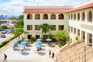 bird's eye view of Henry Hall and students walking through the courtyard