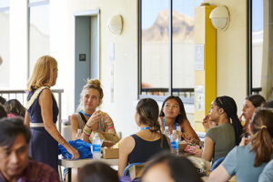 Chaminade President Dr. Lynn Babington welcomes incoming freshmen during the New Student Orientation.