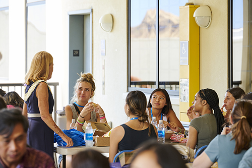 Chaminade President Dr. Lynn Babington welcomes incoming freshmen during the New Student Orientation.