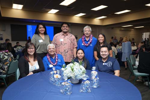 Scholarship Luncehon attendees include, standing from left, Angelica Tangatailoa, Nathaniel Leomiti, Wayne Tanna, JD, and Jazzy Yasuda, and seated from left, Dorie Sanborn, Bro. Thomas Jalbert, Jasmine Mondelo and Pono Riddle.