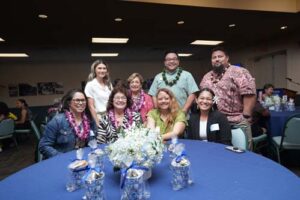 Scholarship Luncehon attendees include, standing from left, Nagem Uiagalelei, Patricia Takamiya, Bro. Allen Pacquing and Richard Uiagalelei, and seated from left, Napua Rosehill, Carol Gouveia, Kawila and Kyla Castro.