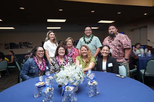 Scholarship Luncehon attendees include, standing from left, Nagem Uiagalelei, Patricia Takamiya, Bro. Allen Pacquing and Richard Uiagalelei, and seated from left, Napua Rosehill, Carol Gouveia, Kawila and Kyla Castro.
