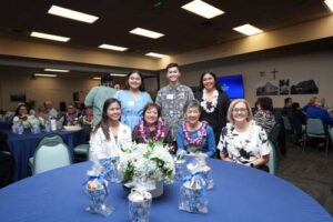 Scholarship Luncehon attendees include, standing from left, Heather Kate Jarmillo, Marlon Francisco and Audrey Pilar and seated, from left, Kryzandreah Espanol, Tertia Freas, Elizabeth Hokada and Dr. Janet Davidson.