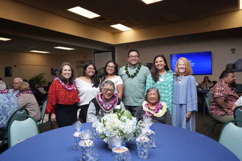 Scholarship Luncehon attendees include, standing from left, Debbie Ng Furuhashi, Michalla Burtado, Aloha Lei Garo, Bro. Alan Pacquing, Jodi-Anne Yoshida and Chaminade President Dr. Lynn Babington, and seated Bernard and Lolita Lum Hoy.