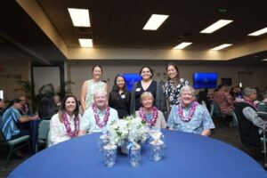 Scholarship Luncehon attendees include, standing from left, Kendra Sia, Nicole Kegine, Aleeyah Lemons and Heidi Bow, and seated from left, Sally and Michael Coovert, and Susie and John Field Jr.