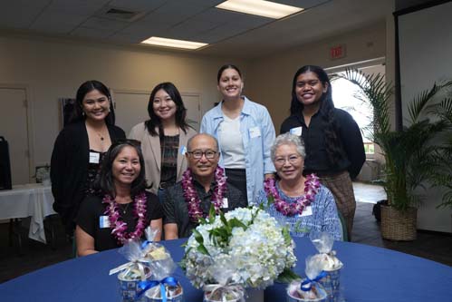 Scholarship Luncehon attendees include, standing from left, Adrienne Aquino, Katherine Liu, Erica Tiwari and Alani Meltel, and seated from left, Jessica Schlais, and David and Christne Arita.