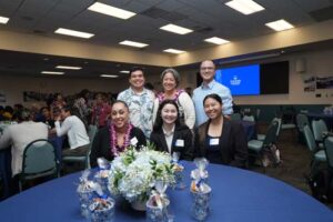 Scholarship Luncehon attendees include, standing from left, William Bernaldez, Amber Milsap and Greg Lagapa, and seated from left, Natasha Flores, Nicole Tanabe and Kelsey Nakagawa.