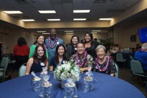 Scholarship Luncheon attendees include, standing from left, Edna Magpantay-Monroe, Michael Monroe, Tiannah Ohta and Genie Reutirez, and, seated from left, Bella Frasure, Alyssa Mori, and Keven and Diane Matsuura.