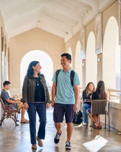 School of Humanities, Art and Design Dean Dr. Cheryl Edelson walks through Henry Hall with senior Sean-Zacharry Lorenzo.