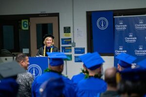 Chaminade Vice Provost for Academic Affairs, Dr. Janet Davidson, addressed graduates during last year's commencement ceremony at Halawa Correctional Facility.