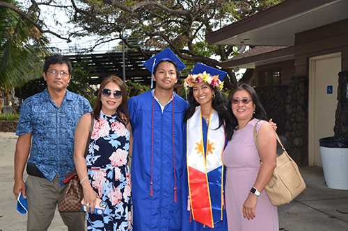Jerald Bagain and his mom and dad—who flew in from Guam—Paul and Hazel Bagain, and girlfriend Jannbel Bielza celebrate with Jannabel's mom Annabel Bielza.