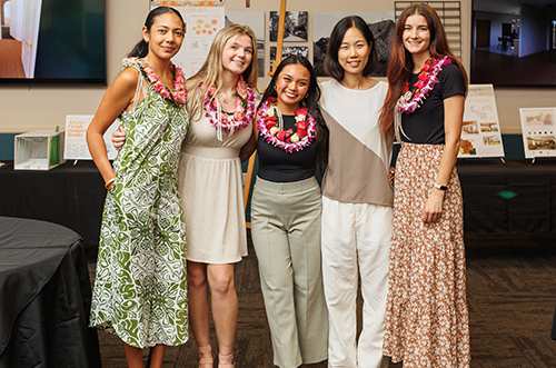Environmental + Interior Design seniors, from left, Camryn Pedro, Jenna Dahl, Nicole Cacacho and Erin Kelly, pose with Dr, Junghwa Suh..