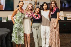 Environmental + Interior Design seniors, from left, Camryn Pedro, Jenna Dahl, Nicole Cacacho and Erin Kelly pose with Dr. Junghwa Suh.